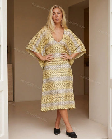 Yellow Geometric Midi Dress, full-length hero view, by Floravincie