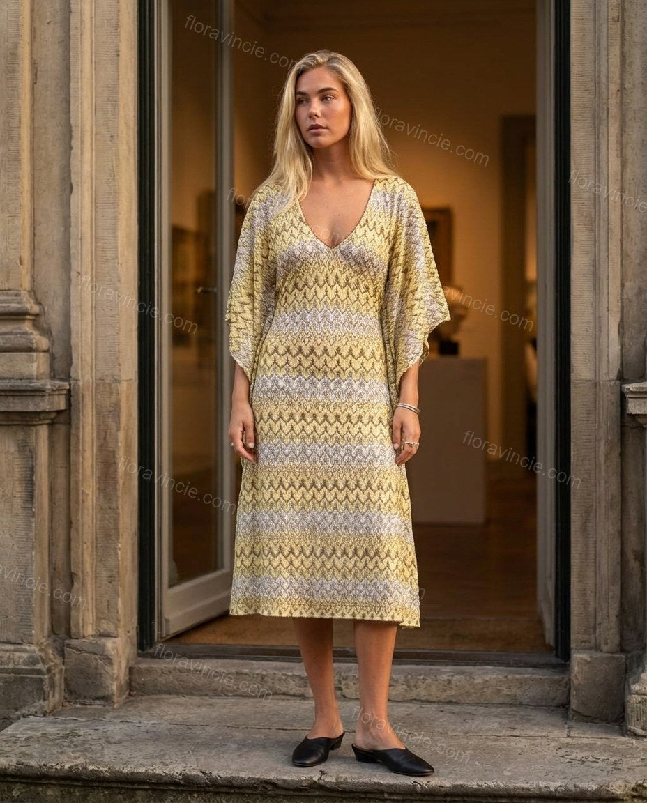 Yellow Geometric Midi Dress, three-quarter brand lifestyle view, by Floravincie