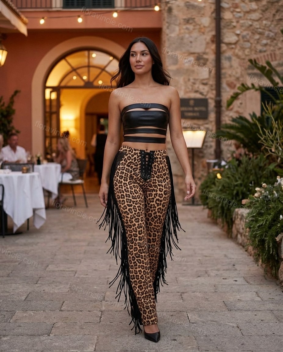 Black Leopard Print Strapless Fringe Top & Pants Set, movement and fit lifestyle view, by Floravincie