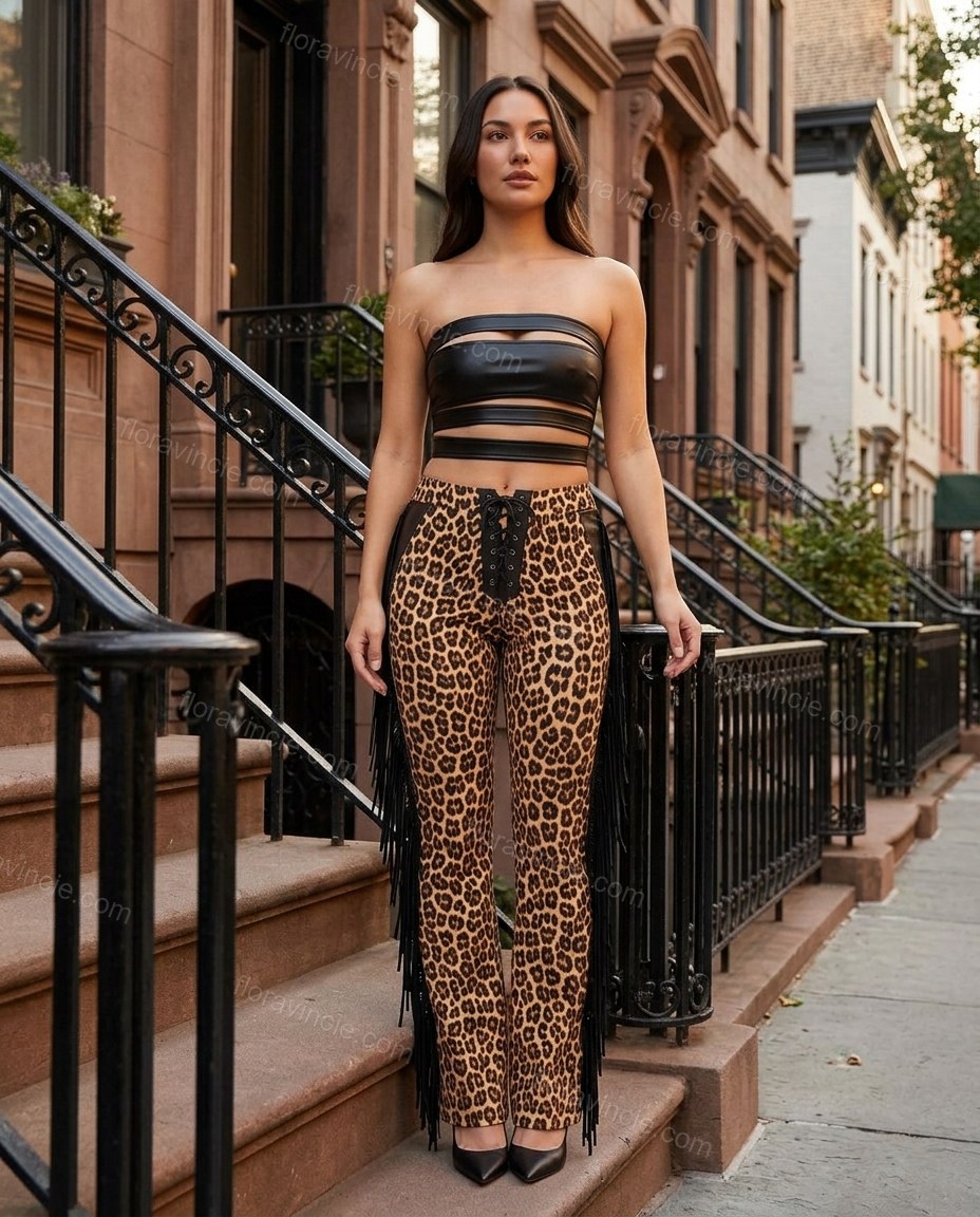 Black Leopard Print Strapless Fringe Top & Pants Set, alternate use-case lifestyle view, by Floravincie