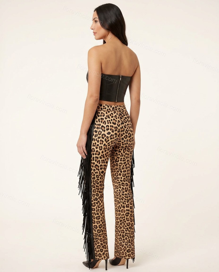 Black Leopard Print Strapless Fringe Top & Pants Set, back studio view, by Floravincie