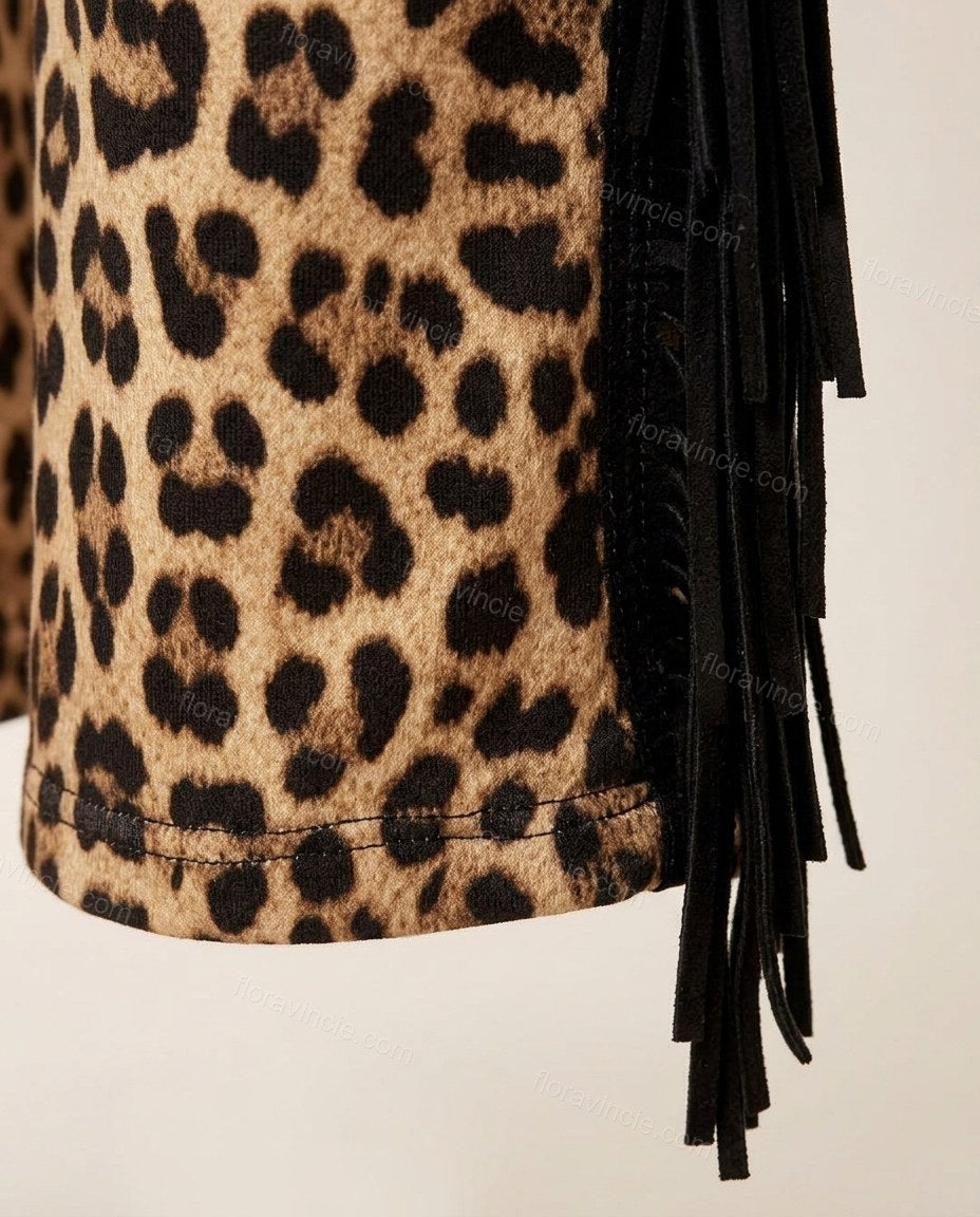 Black Leopard Print Strapless Fringe Top & Pants Set, close-up of leopard print, by Floravincie