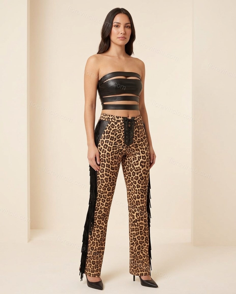 Black Leopard Print Strapless Fringe Top & Pants Set, full-length hero view, by Floravincie
