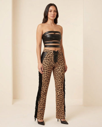 Black Leopard Print Strapless Fringe Top & Pants Set, full-length hero view, by Floravincie