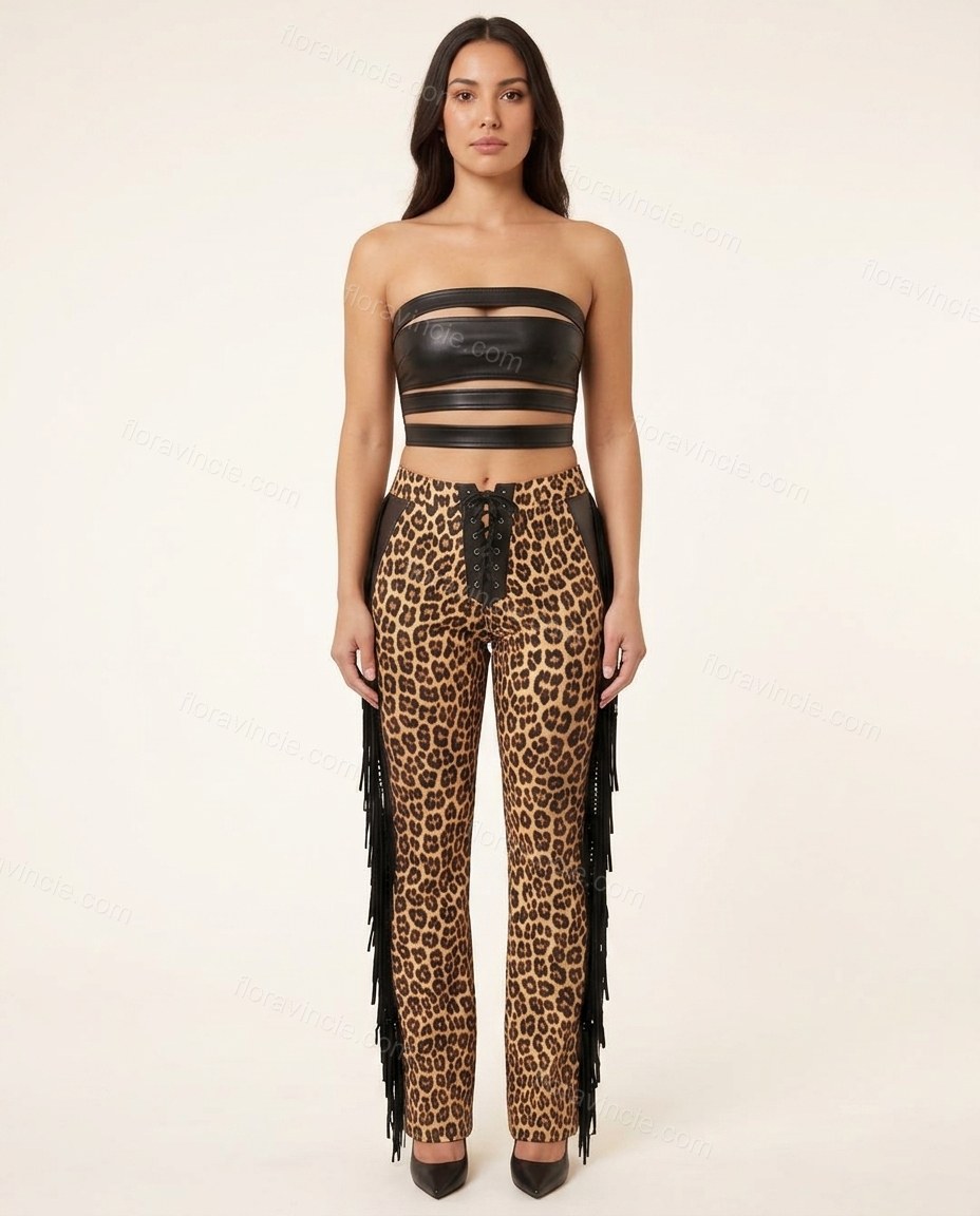 Black Leopard Print Strapless Fringe Top & Pants Set, front studio view, by Floravincie
