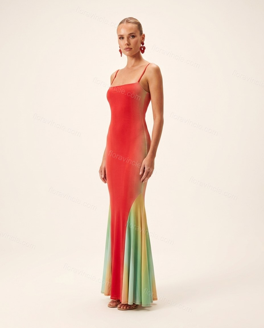 Red Maxi Dress, side and back studio view, by Floravincie