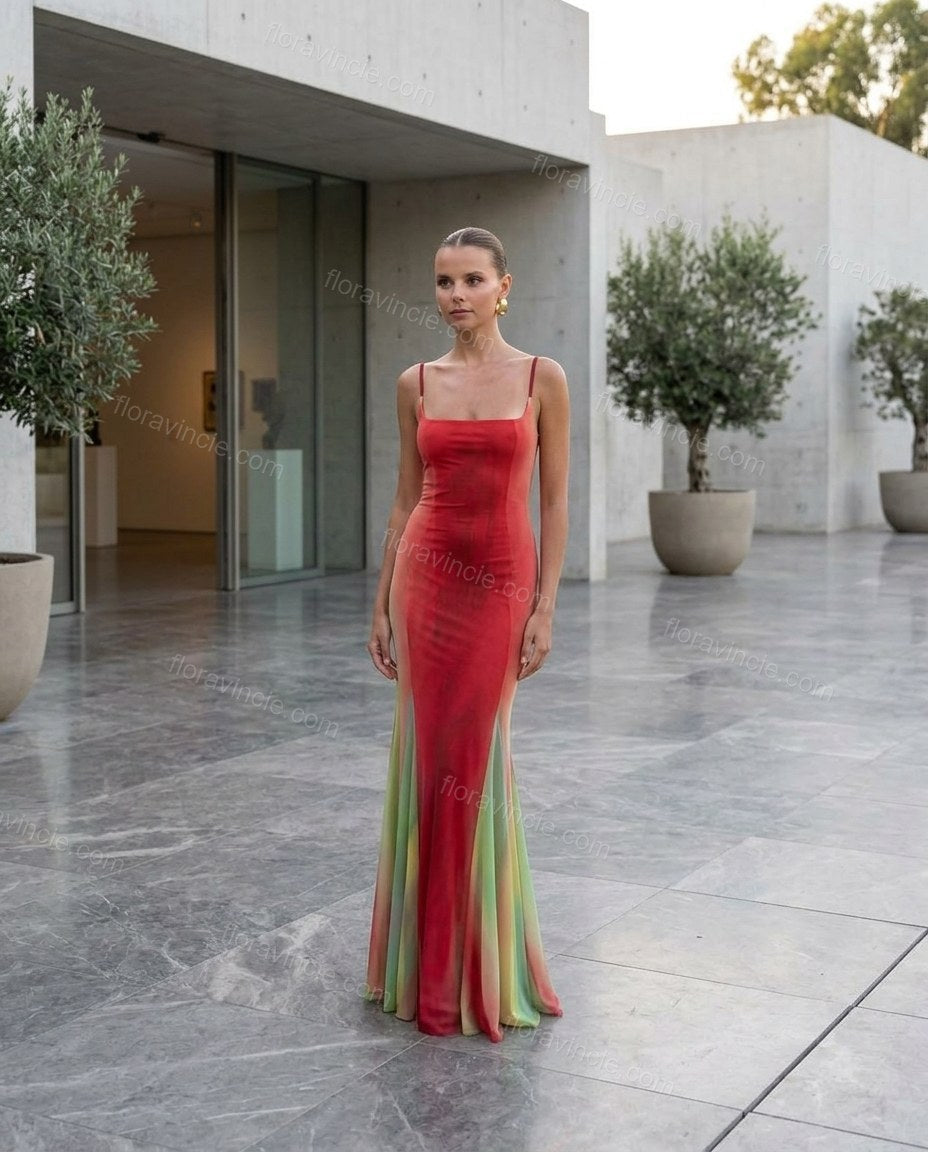 Red Maxi Dress, three-quarter brand lifestyle view, by Floravincie