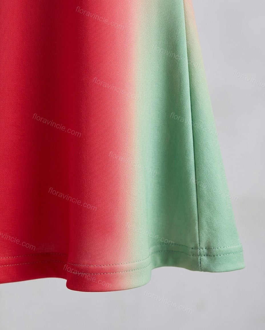 Red Maxi Dress, close-up of green and yellow accents, flared hem and square neckline, by Floravincie