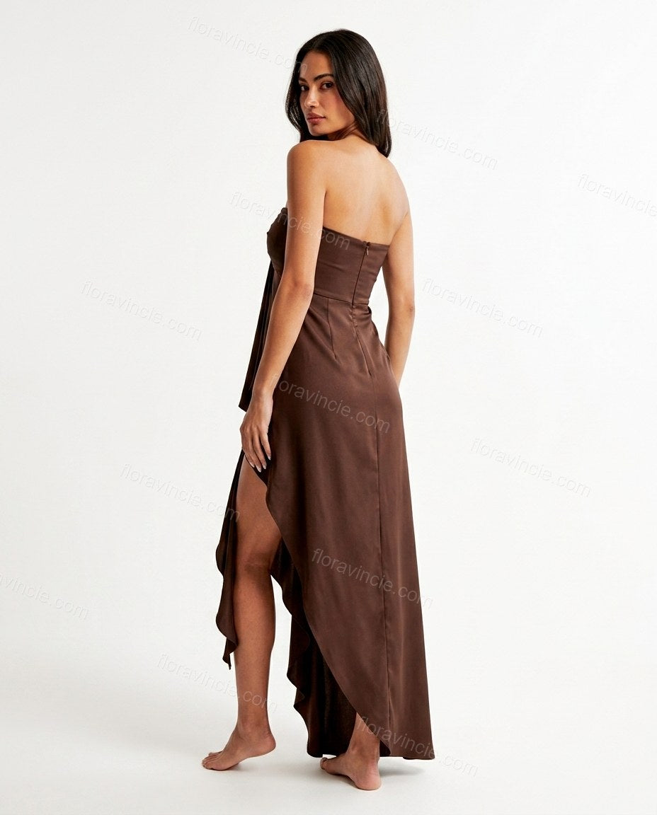 Brown Maxi Strapless Asymmetric Dress, back studio view showing clean back silhouette with zipper closure, by Floravincie