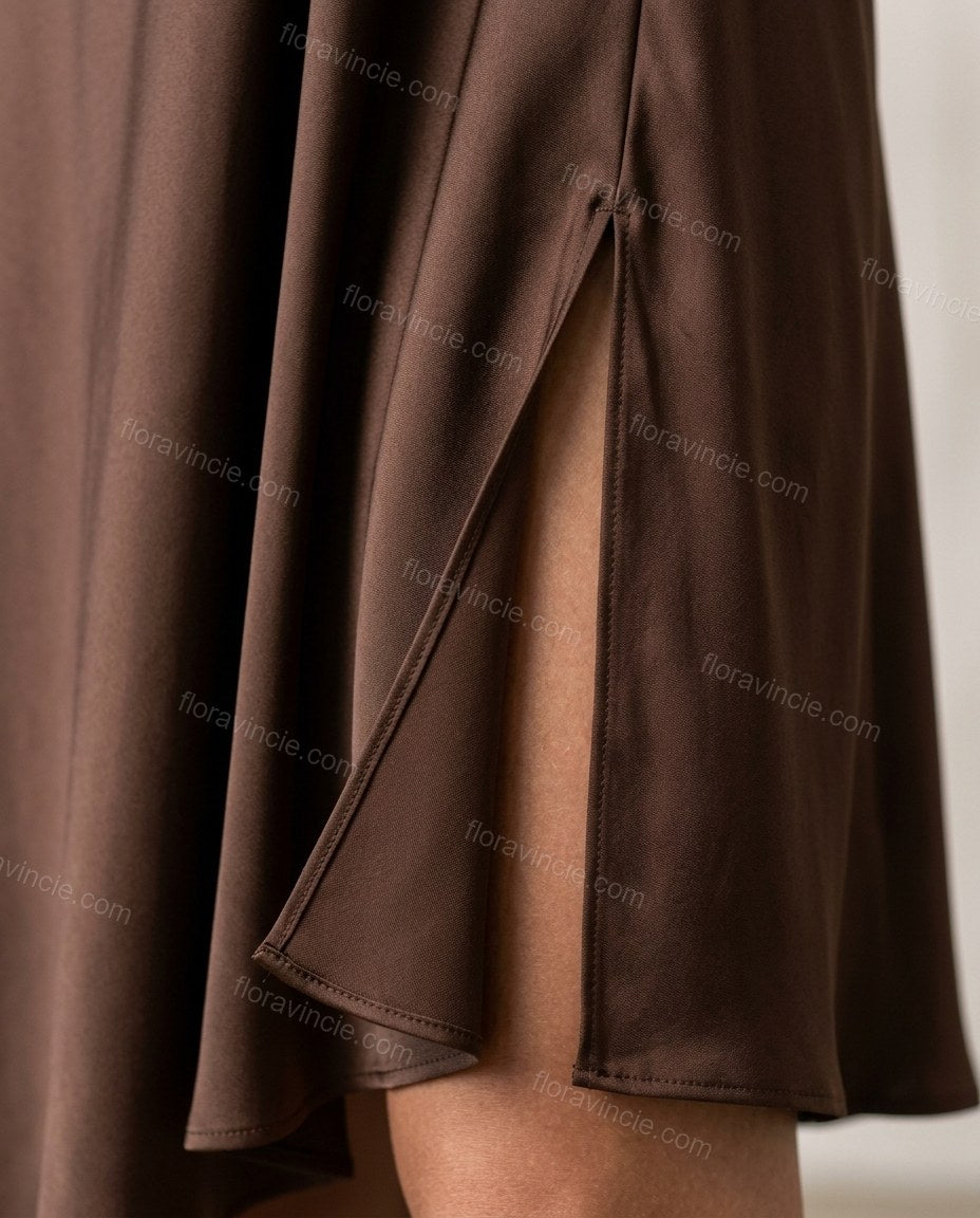 Brown Maxi Strapless Asymmetric Dress, close-up of front knot detail, high slit and draped fabric, by Floravincie
