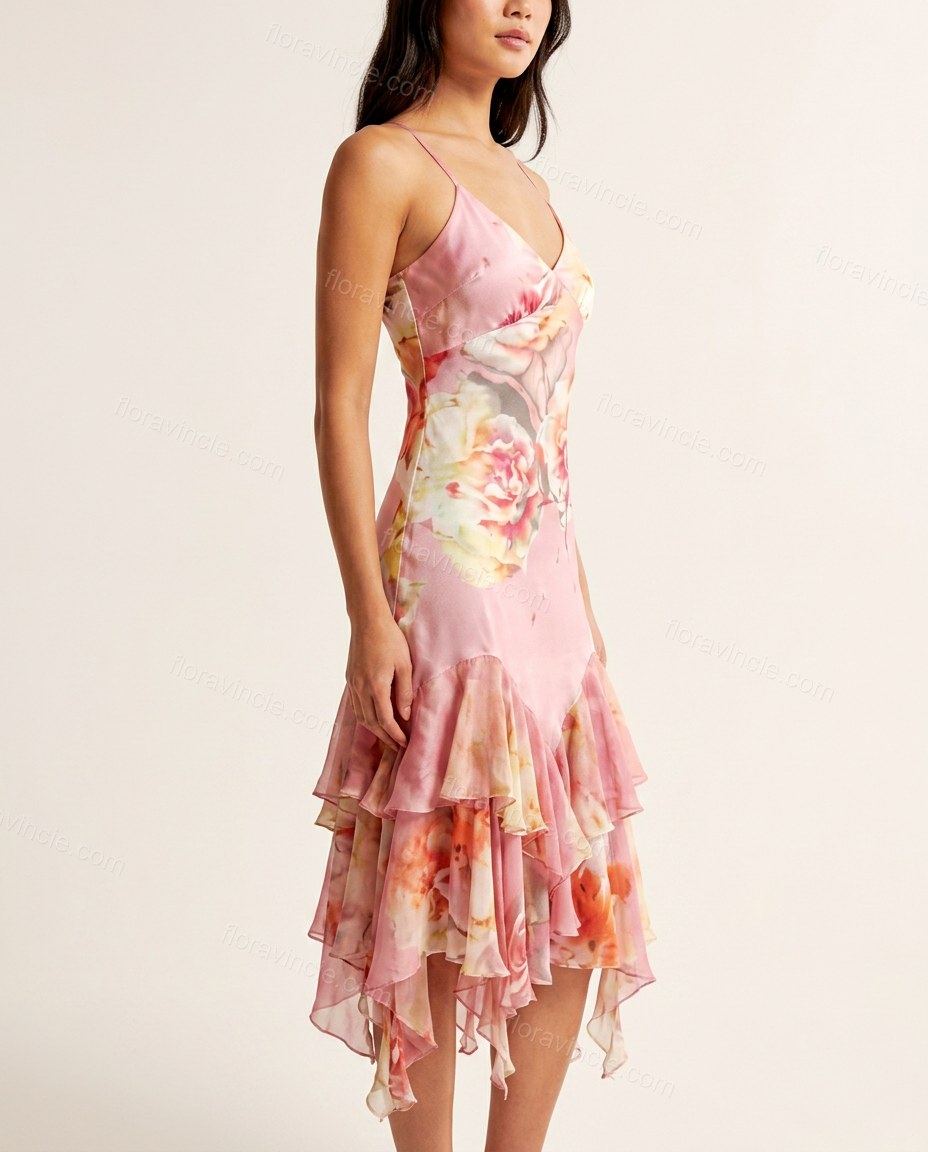Pink Floral Midi Ruffled Dress, side and back studio view, by Floravincie