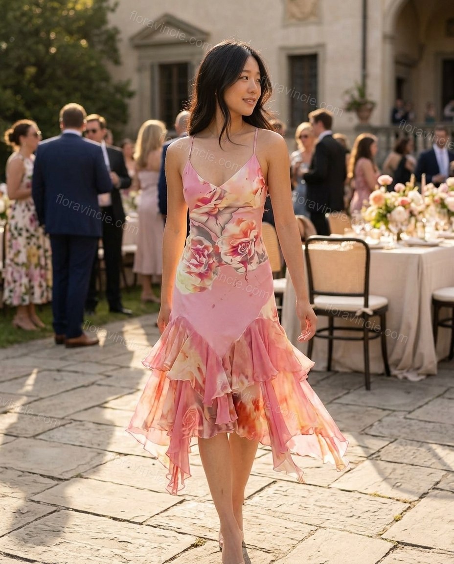 Pink Floral Midi Ruffled Dress, walking lifestyle view, by Floravincie