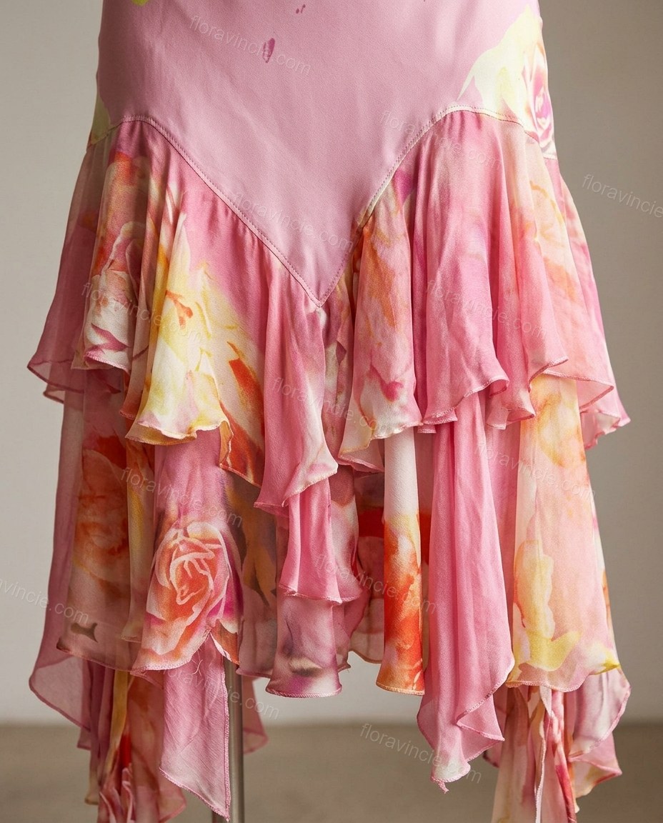 Pink Floral Midi Ruffled Dress, close-up of floral, by Floravincie