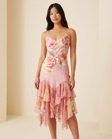 Pink Floral Midi Ruffled Dress, full-length hero view, by Floravincie
