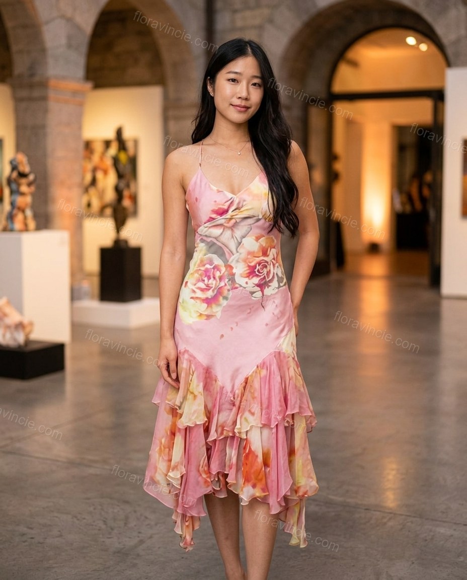 Pink Floral Midi Ruffled Dress, three-quarter brand lifestyle view, by Floravincie
