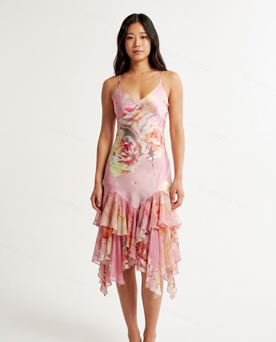 Pink Floral Midi Ruffled Dress, front studio view, by Floravincie