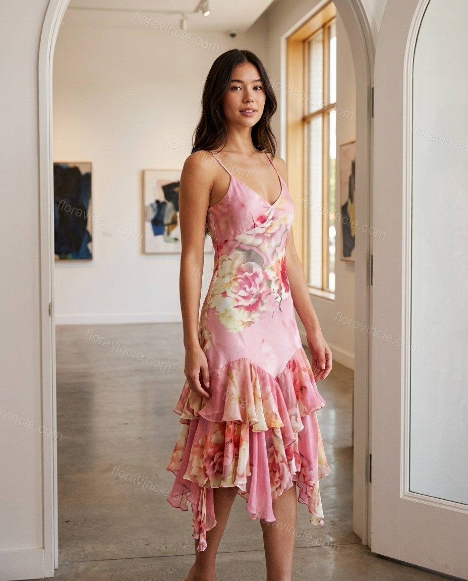 Pink Floral Midi Ruffled Dress, alternate use-case lifestyle view, by Floravincie