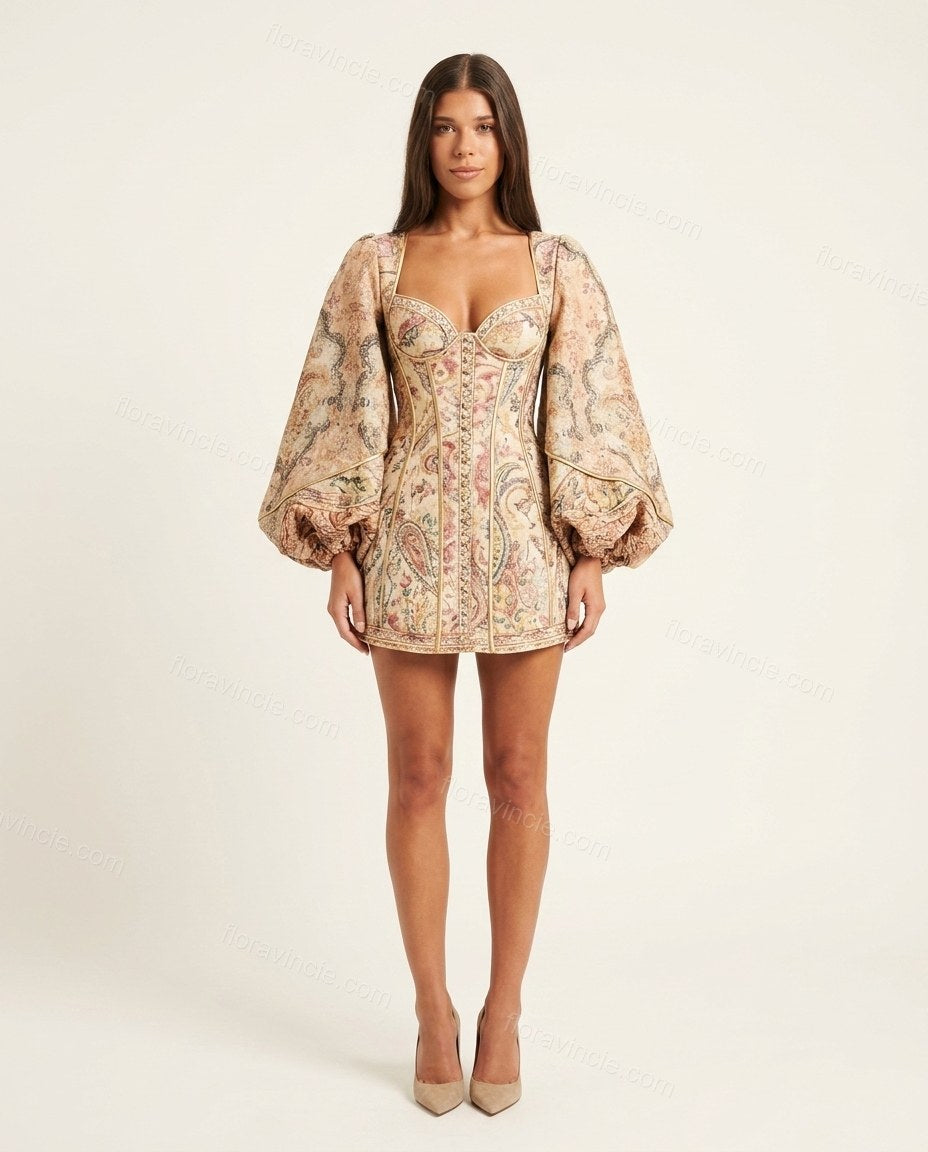Beige Floral Mini Ruffled Dress, front studio view, by Floravincie