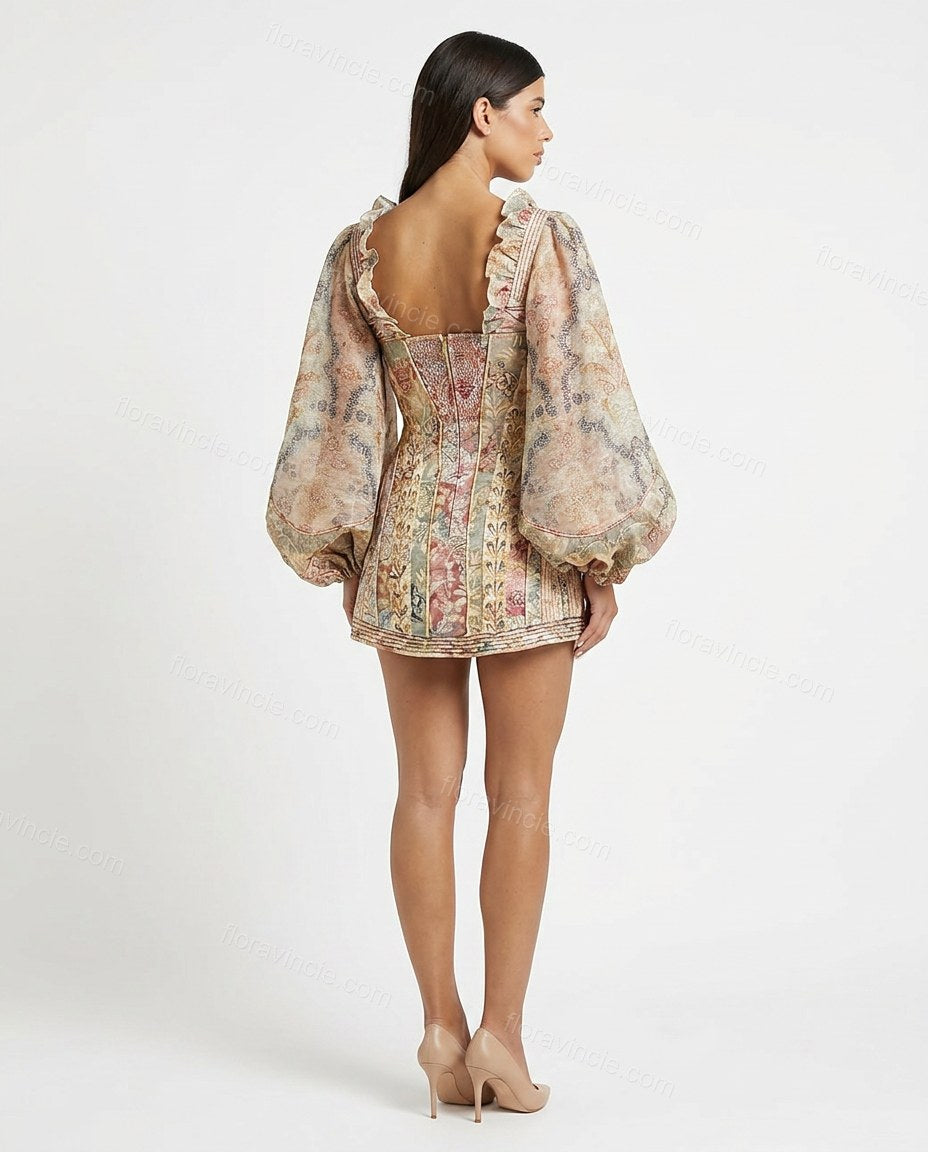 Beige Floral Mini Ruffled Dress, back studio view showing fitted back with clean lines and matching floral print, by Floravincie
