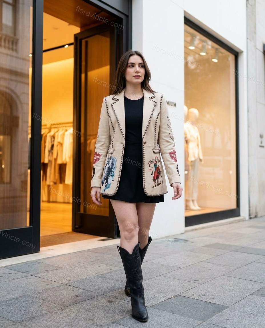 Beige Embroidered Blazer, alternate use-case lifestyle view, by Floravincie