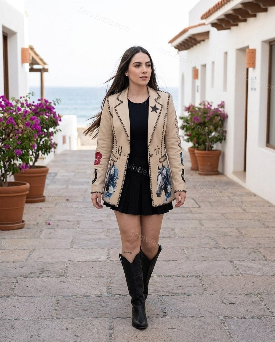 Beige Embroidered Blazer, movement and fit lifestyle view, by Floravincie