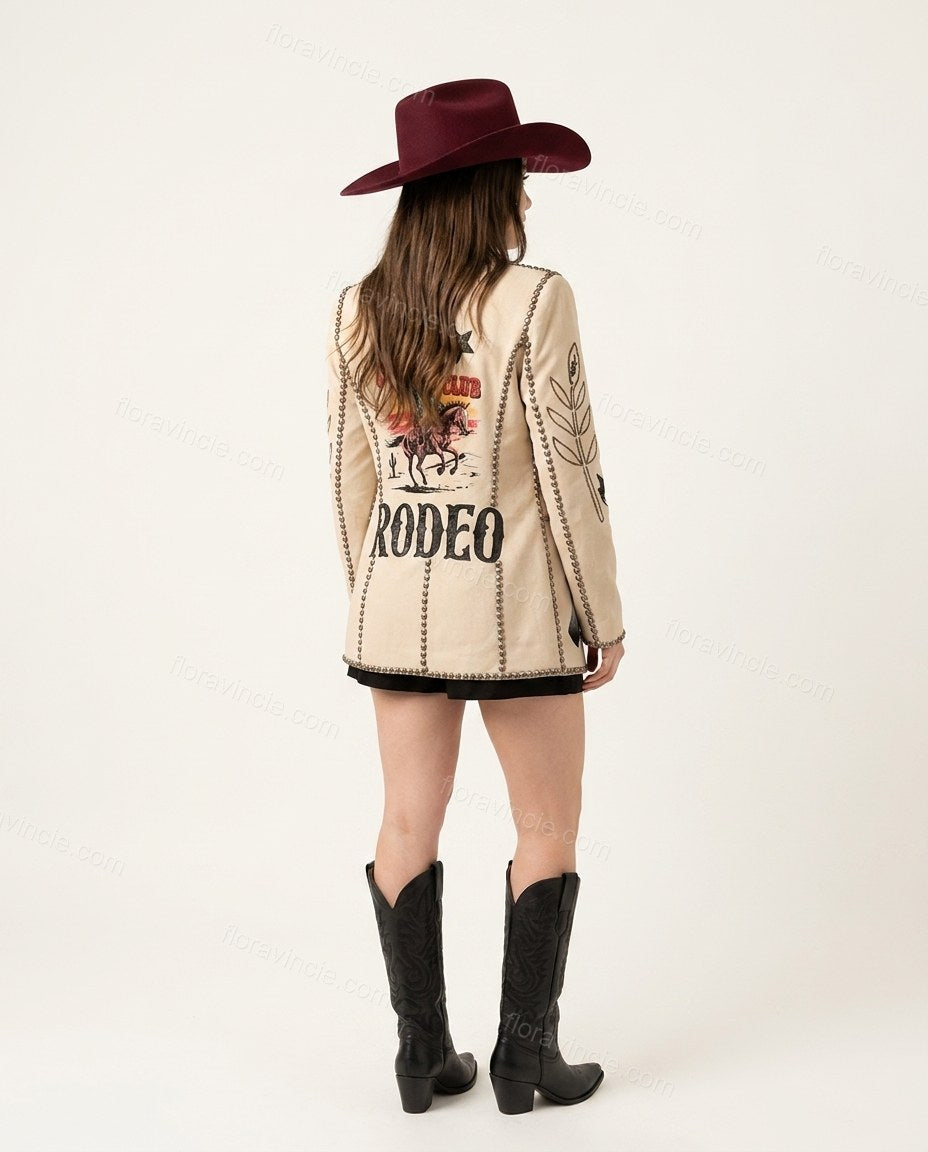 Beige Embroidered Blazer, back studio view, by Floravincie