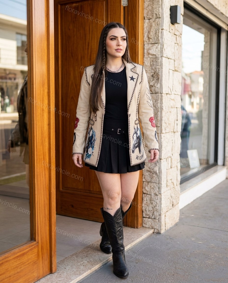 Beige Embroidered Blazer, three-quarter brand lifestyle view, by Floravincie