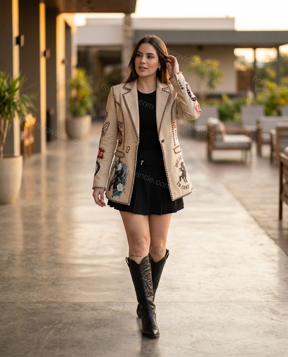 Beige Embroidered Blazer, walking lifestyle view, by Floravincie