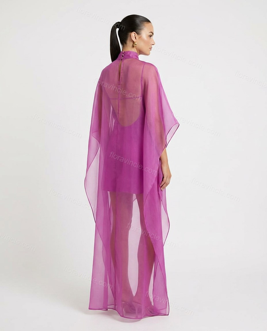Purple Maxi Open-Back Cape Blouse & Skirt Set, back studio view, by Floravincie