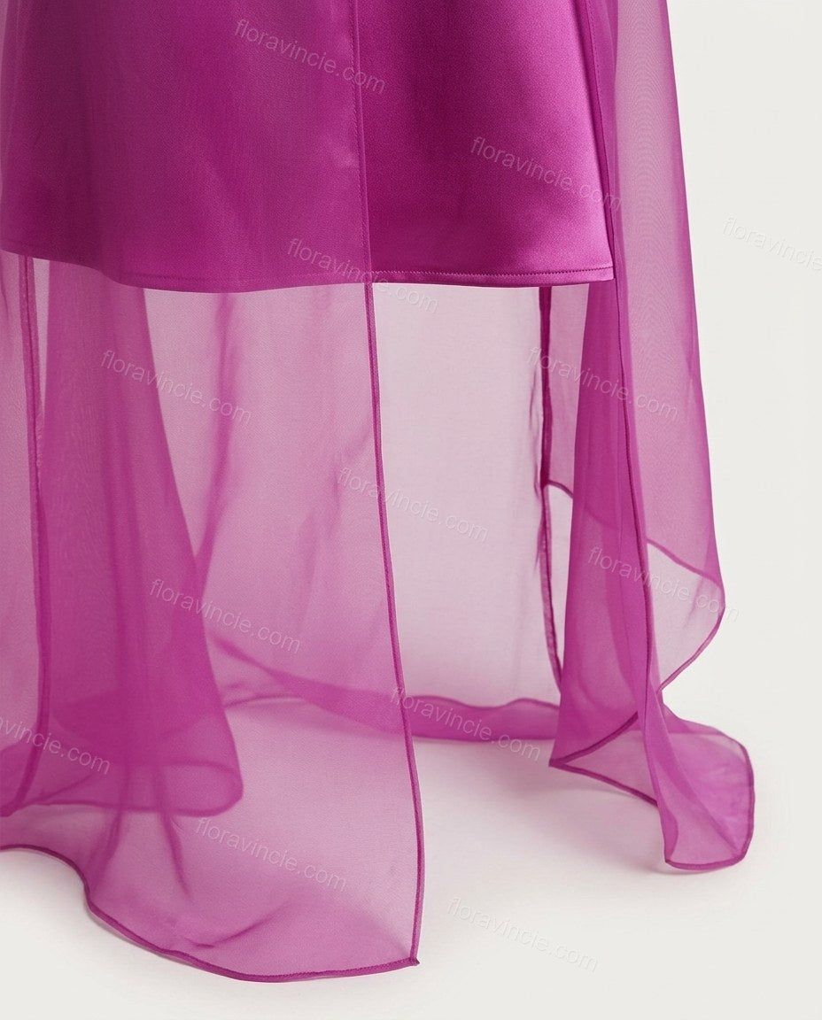 Purple Maxi Open-Back Cape Blouse & Skirt Set, close-up of sheer overlay, high mock neck and open back mini dress, by Floravincie