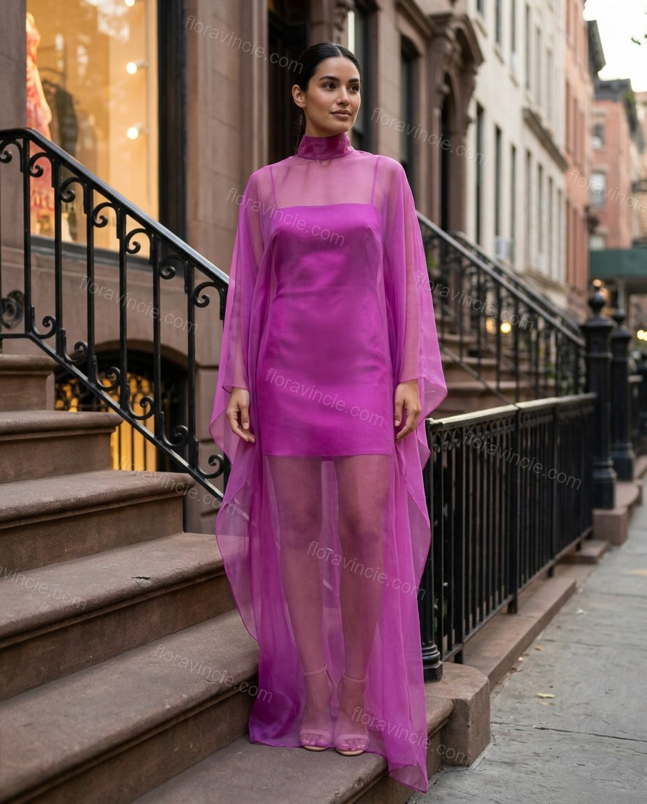 Purple Maxi Open-Back Cape Blouse & Skirt Set, three-quarter brand lifestyle view, by Floravincie