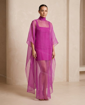 Purple Maxi Open-Back Cape Blouse & Skirt Set, full-length hero view, by Floravincie