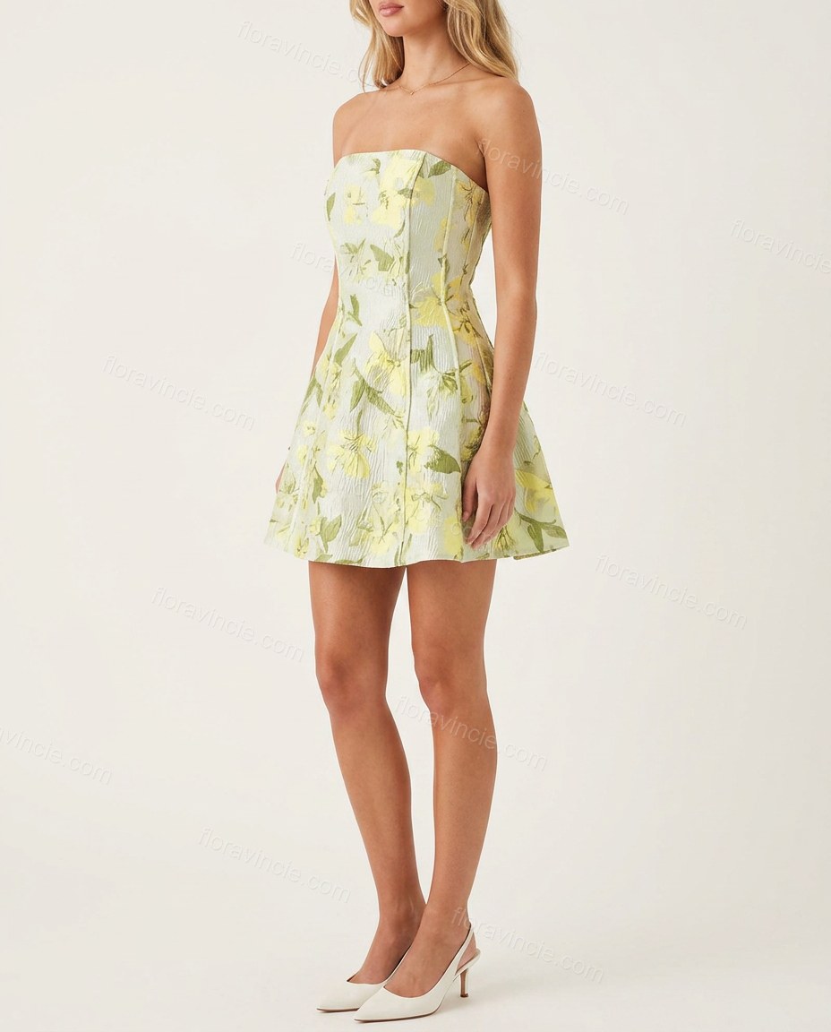 Green Floral Mini Strapless Dress, side and back studio view, by Floravincie