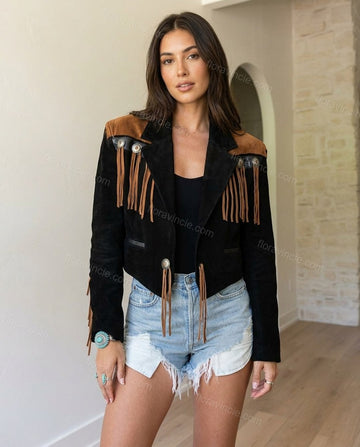 Black Fringe Jacket, full-length hero view, by Floravincie
