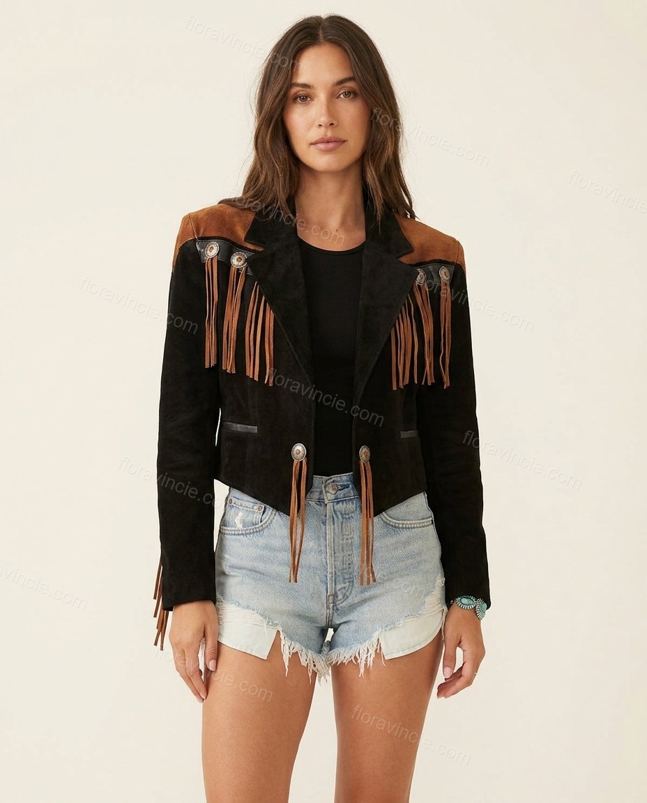 Black Fringe Jacket, front studio view, by Floravincie