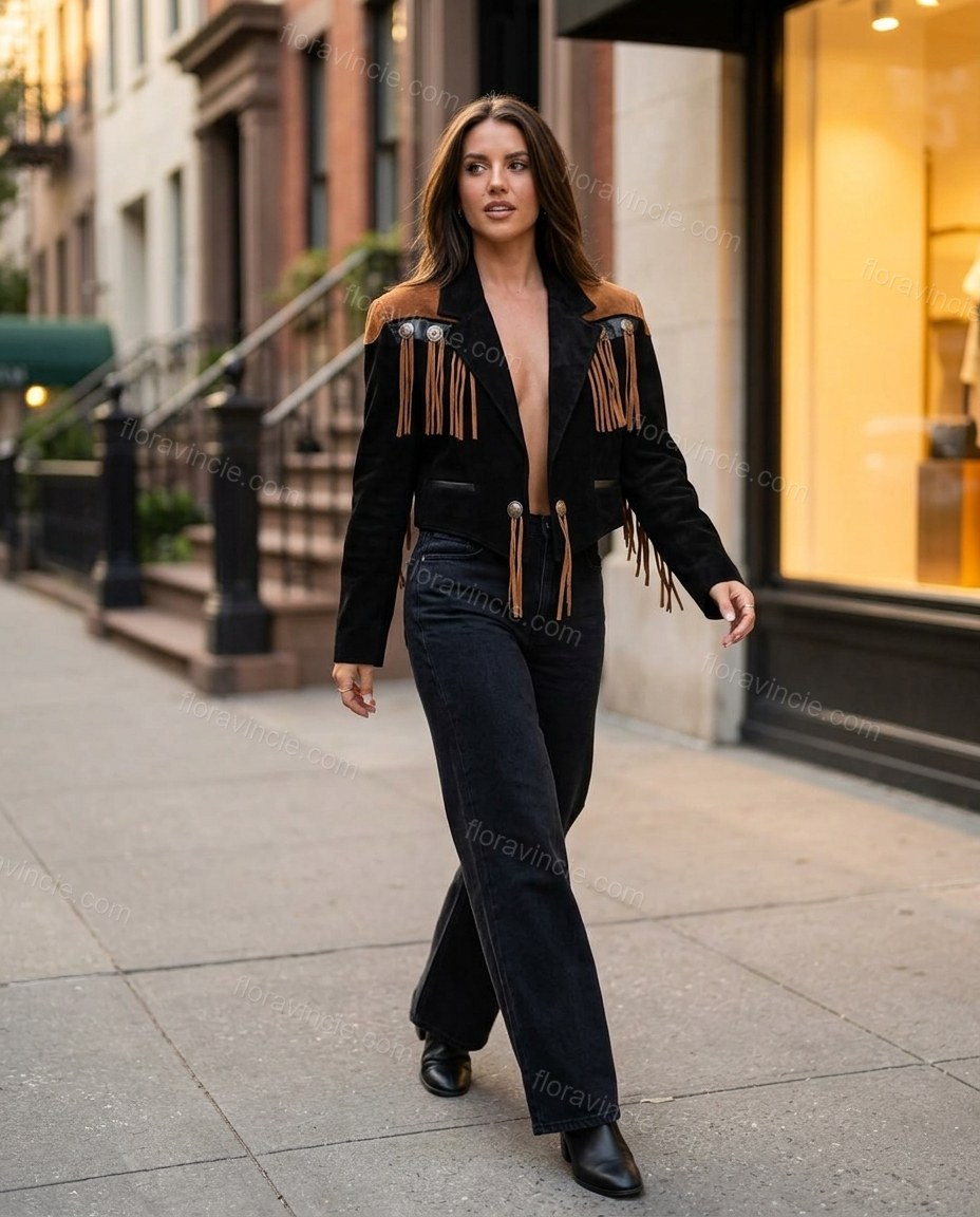 Black Fringe Jacket, movement and fit lifestyle view, by Floravincie