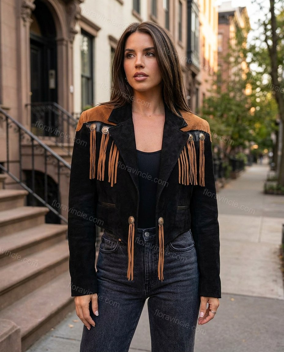 Black Fringe Jacket, three-quarter brand lifestyle view, by Floravincie
