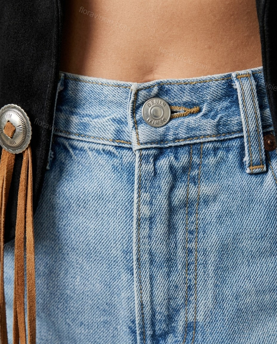 Black Fringe Jacket, close-up of brown and silver accents, fringe and concho buttons, by Floravincie