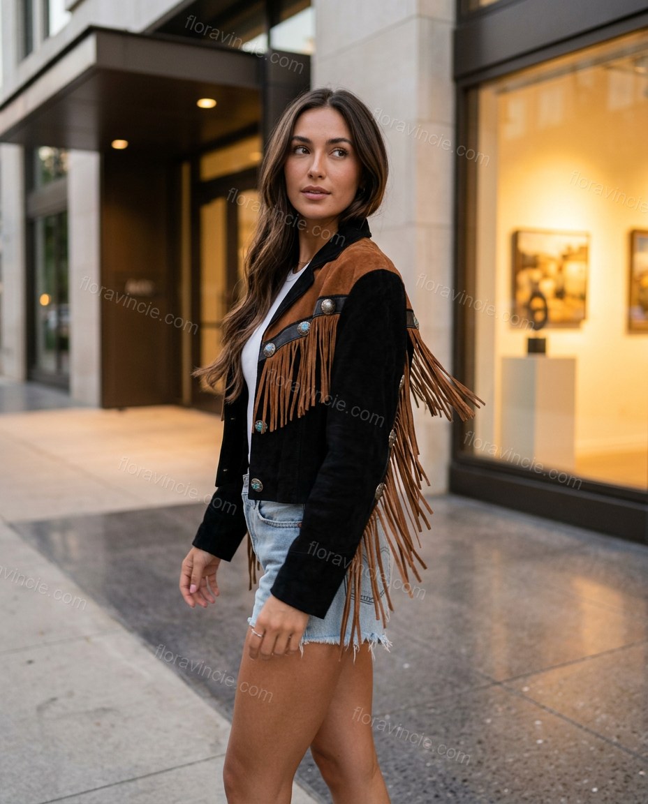 Black Fringe Jacket, alternate use-case lifestyle view, by Floravincie