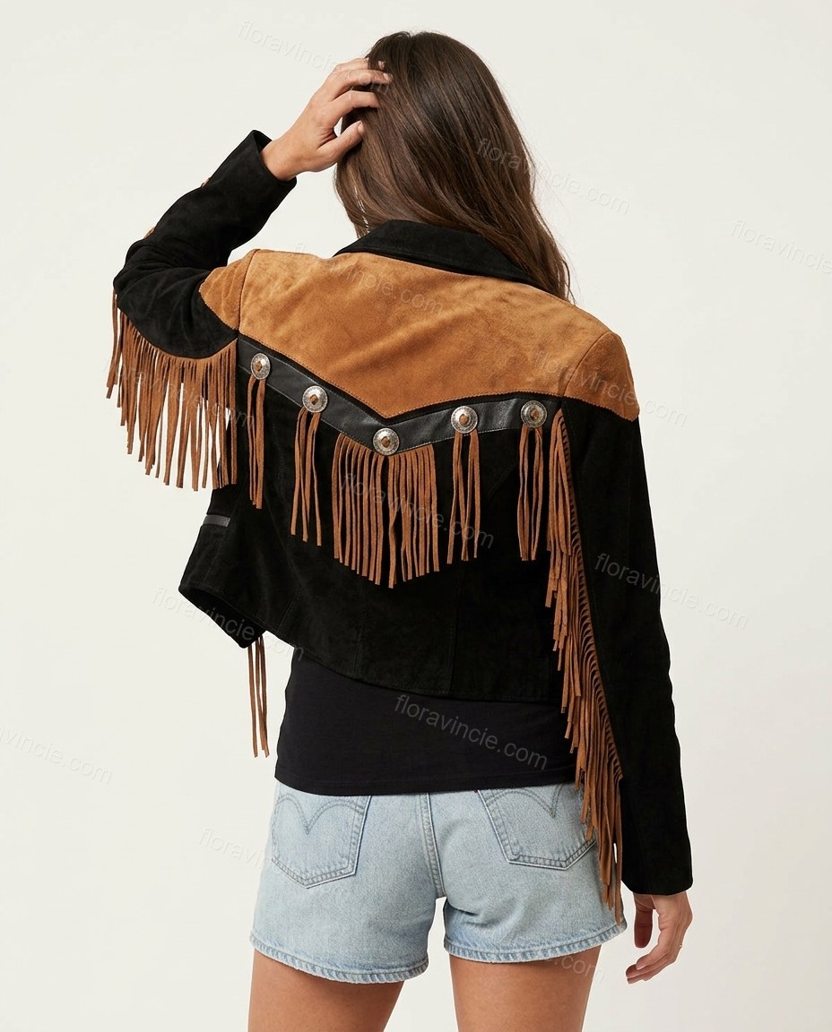Black Fringe Jacket, back studio view showing western yoke with fringe and concho accents, by Floravincie