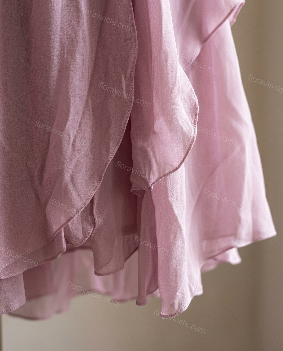Pink Mini Open-Back Strapless Dress, close-up of ruched bodice, tiered ruffles and tiered ruffled skirt, by Floravincie
