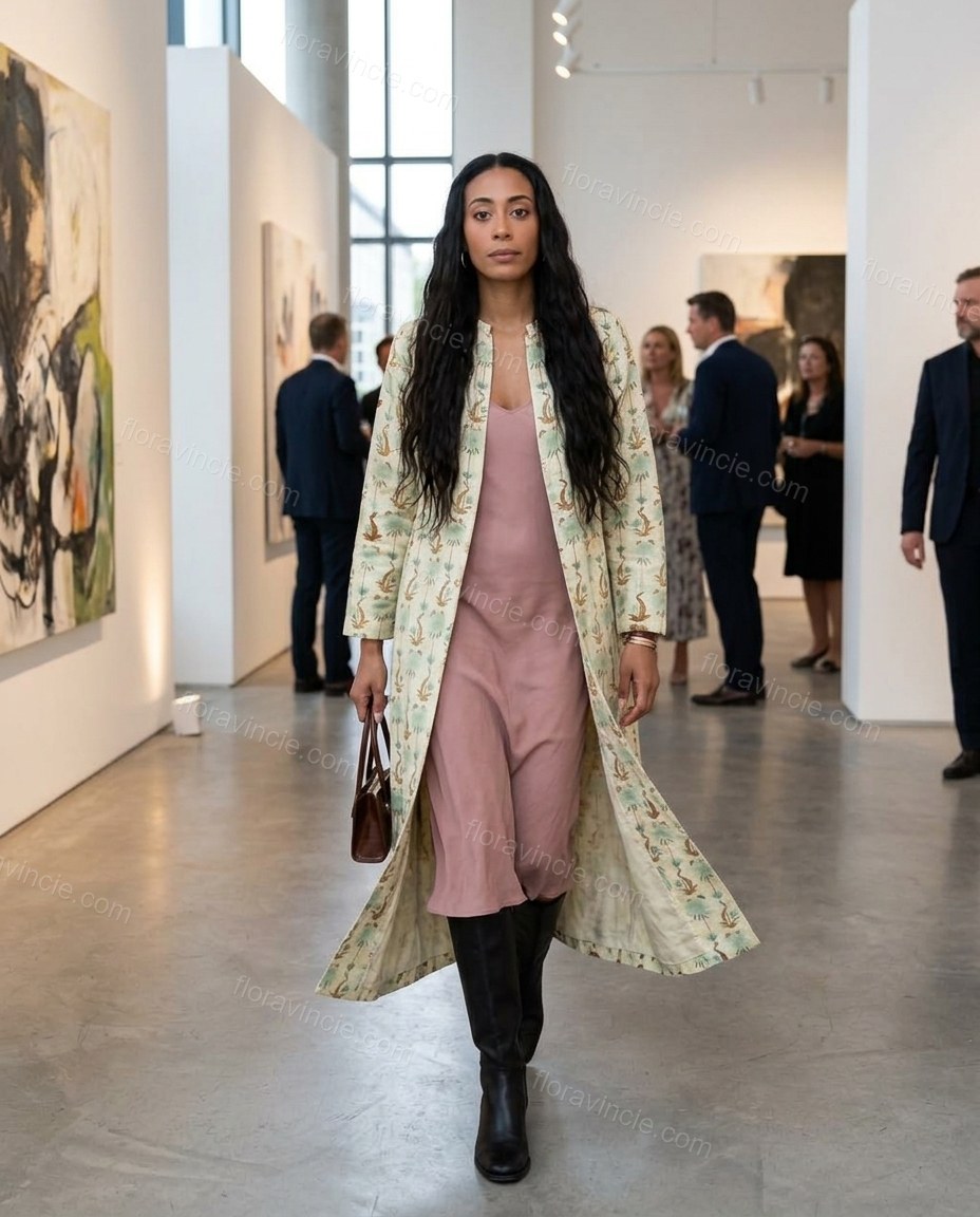 Cream Coat, movement and fit lifestyle view, by Floravincie