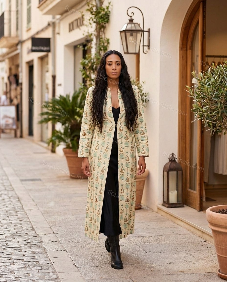 Cream Coat, three-quarter brand lifestyle view, by Floravincie