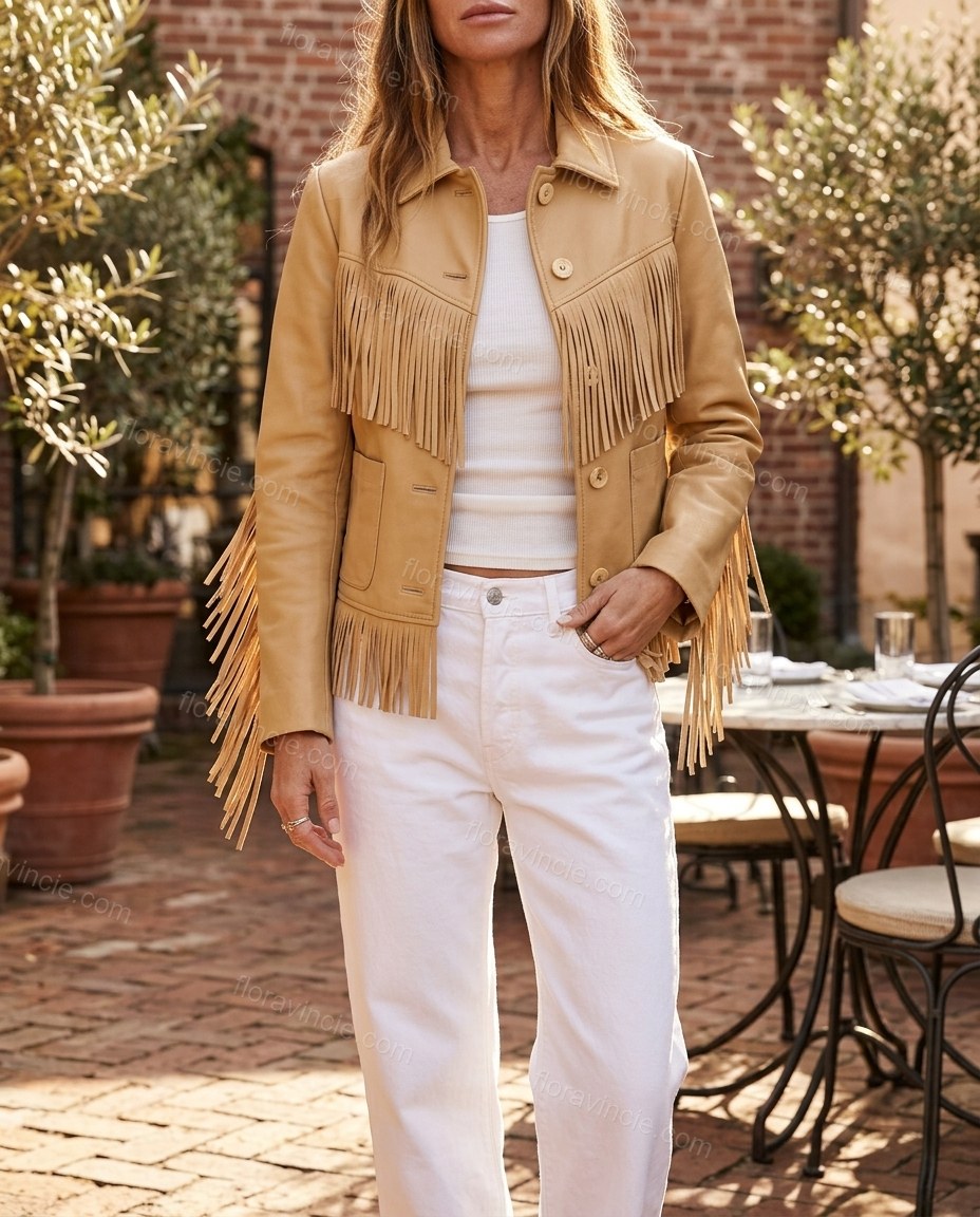 Tan Fringe Jacket, three-quarter brand lifestyle view, by Floravincie