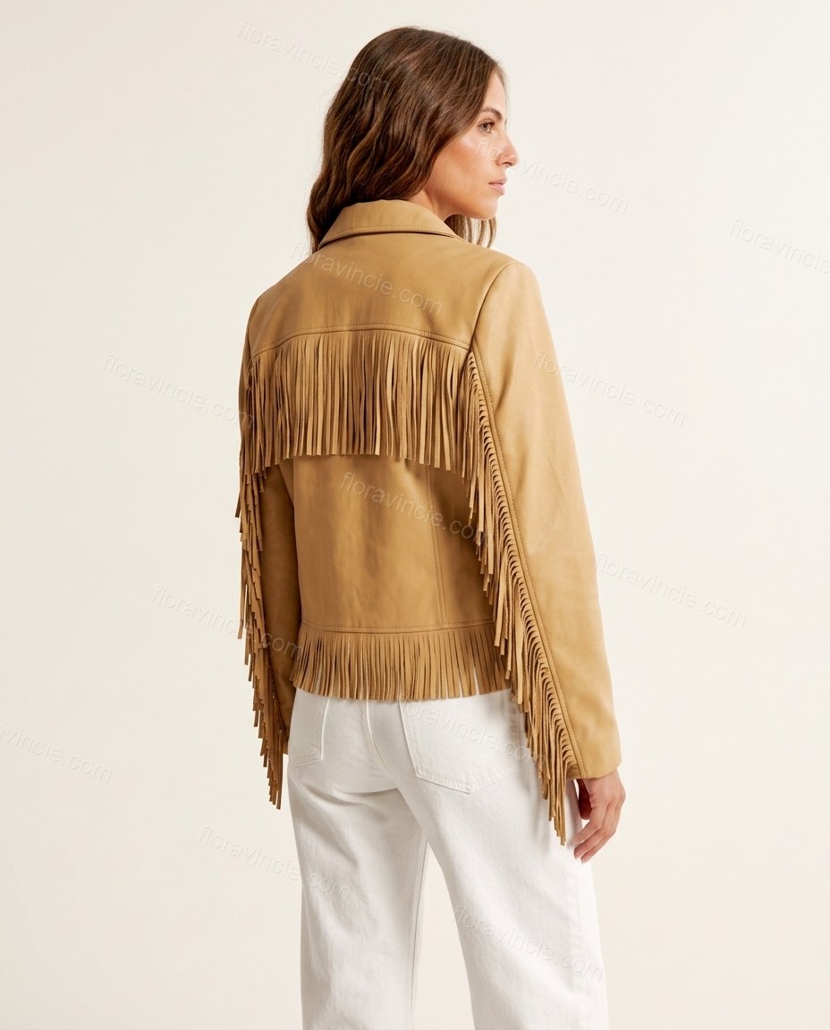 Tan Fringe Jacket, back studio view showing horizontal fringe yoke across the upper back panel, by Floravincie