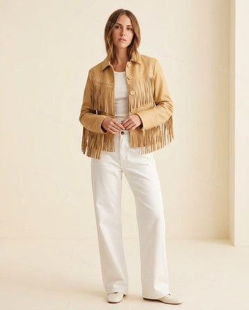 Tan Fringe Jacket, full-length hero view, by Floravincie