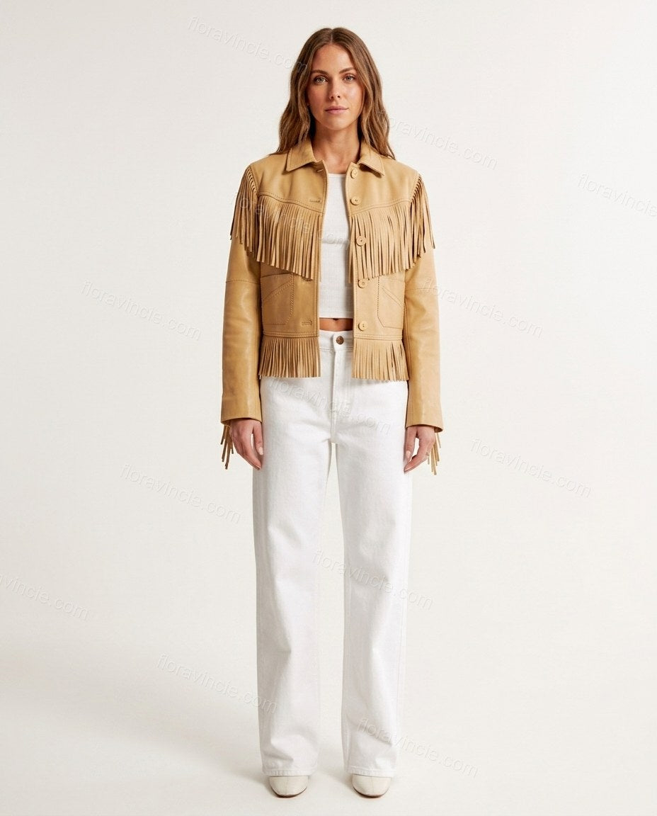 Tan Fringe Jacket, front studio view, by Floravincie