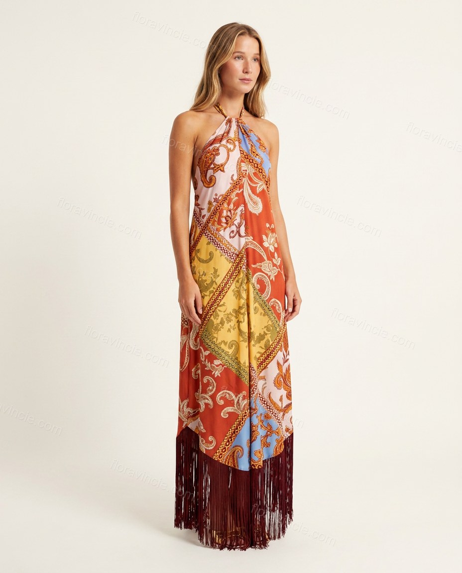 Red Paisley Maxi Open-Back Dress, side and back studio view, by Floravincie