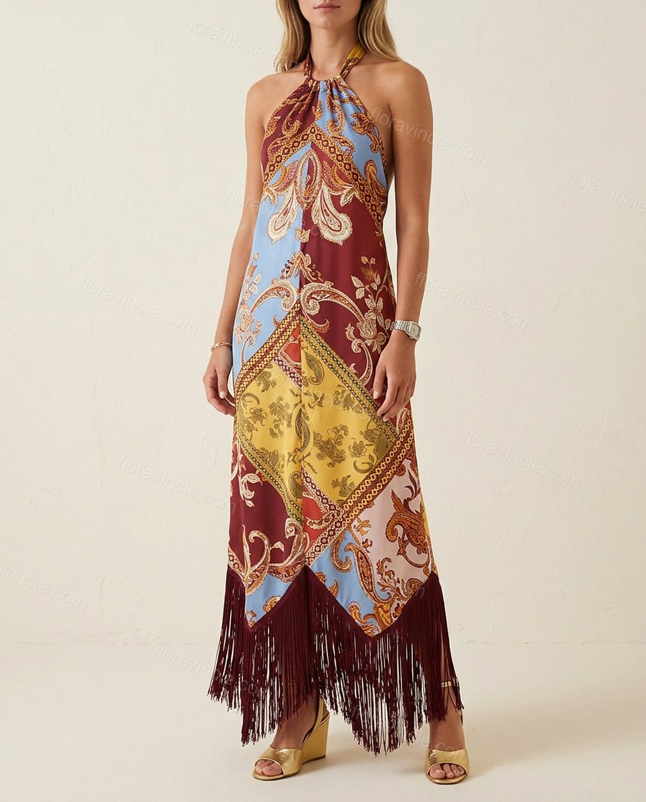 Red Paisley Maxi Open-Back Dress, full-length hero view, by Floravincie