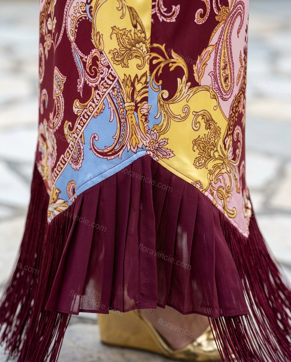 Red Paisley Maxi Open-Back Dress, close-up of paisley, by Floravincie